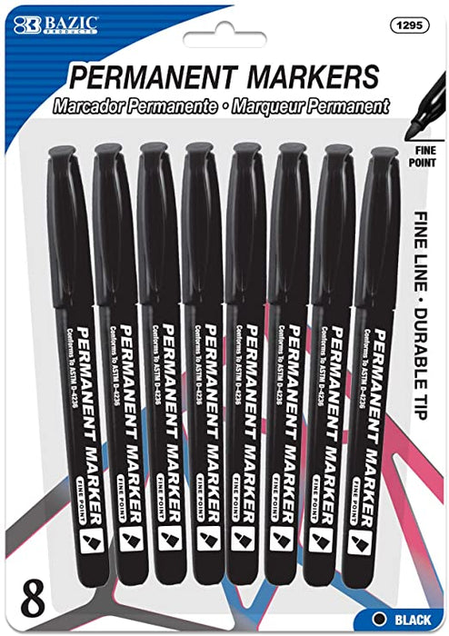 Bazic Fine Point Black Permanent Markers With Pocket Clip , 8 pcs