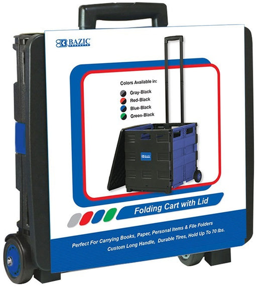 Bazic Blue Folding Cart on Wheels with Lid Cover, 16 x 18 x 15 inch