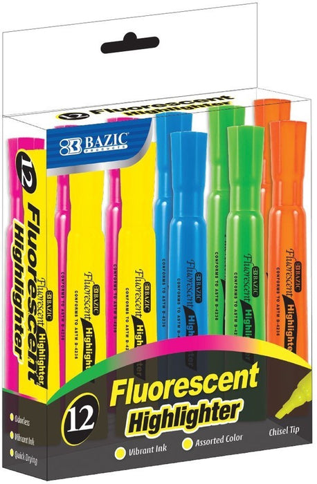 Bazic Highlighters Value Pack, Assorted Fluorescent Colors, 12 pcs