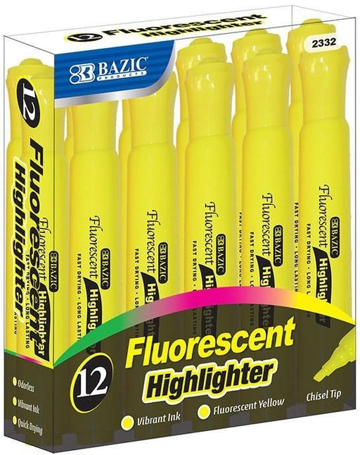 Bazic Highlighters Value Pack, Fluorescent Yellow, 12 ct