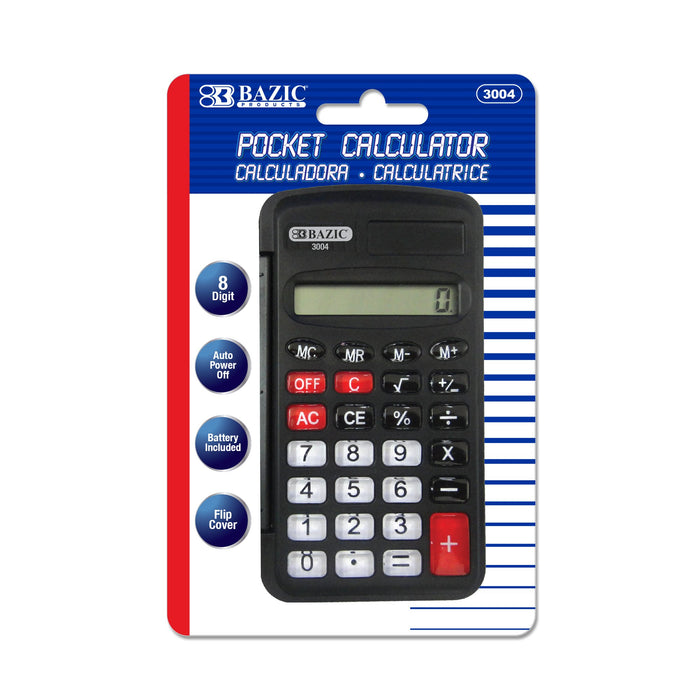 Bazic Size Pocket Calculator, 8-Digit With Flip Cover, #3004 , 1 ct