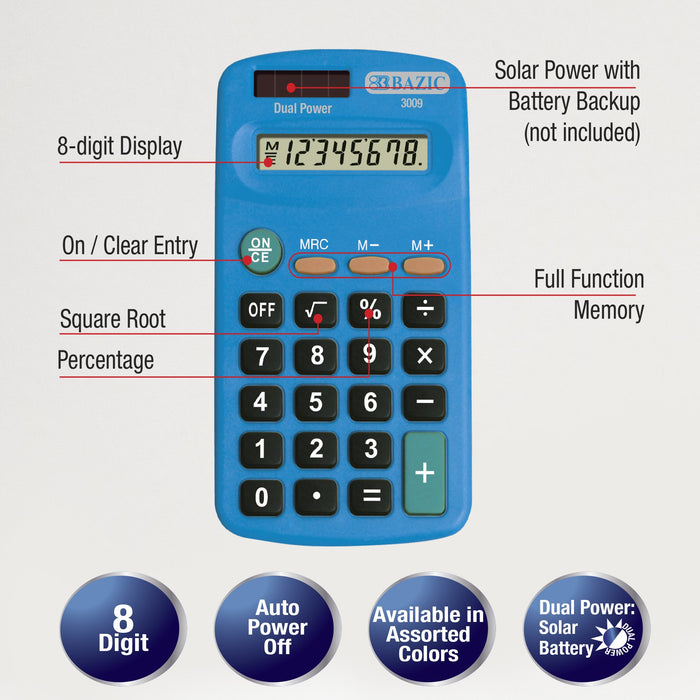 Bazic Size Pocket Calculator, 8-Digit Dual Power , 1 ct