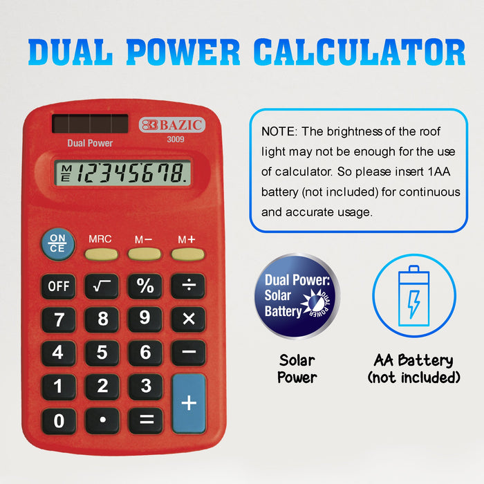 Bazic Size Pocket Calculator, 8-Digit Dual Power , 1 ct