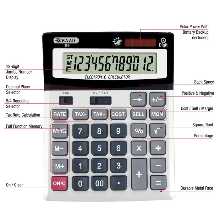 Bazic Desktop Calculator, 12-Digit With Profit Calculation & Tax Functions , 1 ct