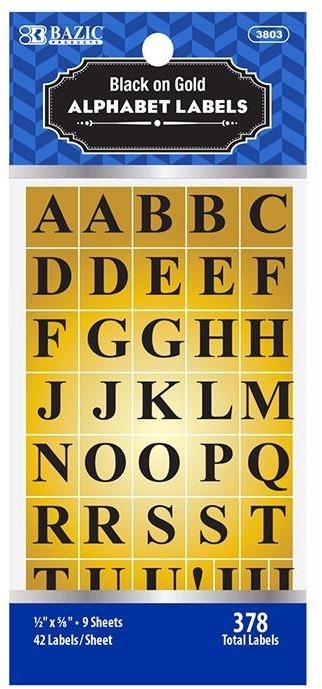 Bazic Alphabet Foil Letter Labels, Black on Gold, 378 ct