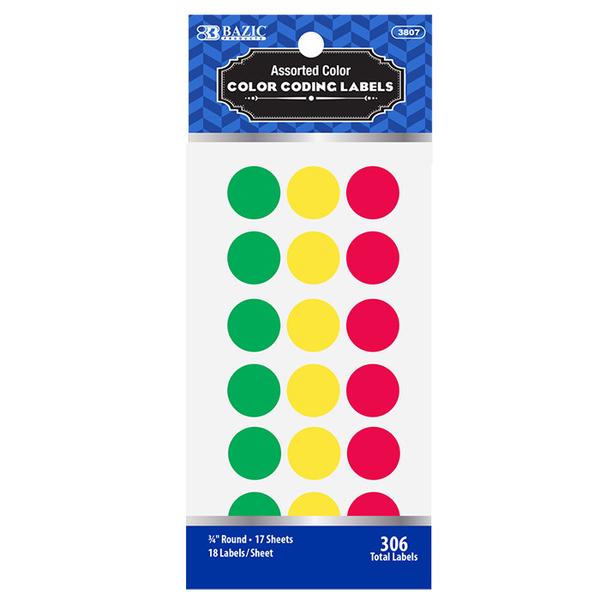 Bazic Assorted Color Coding Round Labels , 306 pcs
