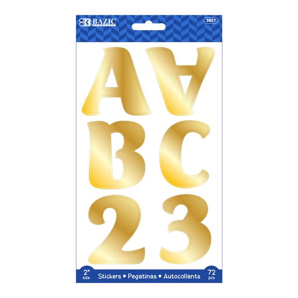 Bazic Alphabet & Numbers Metallic Gold Color Stickers , 72 pcs