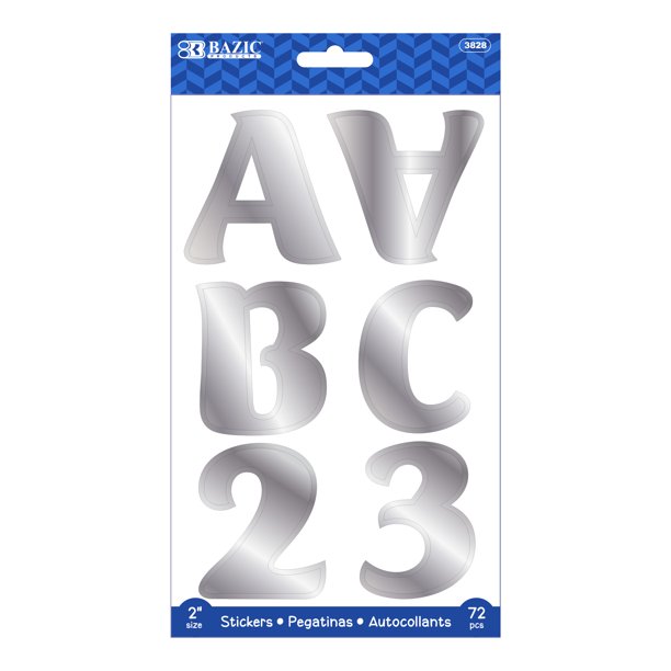 Bazic Silver Alphabet & Number Stickers , 72 pcs