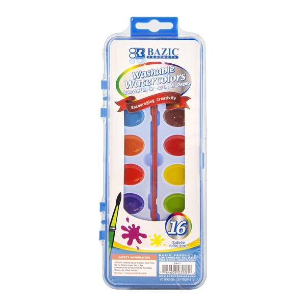 Bazic Semi Moist Washable Watercolors With Brush , 16 ct