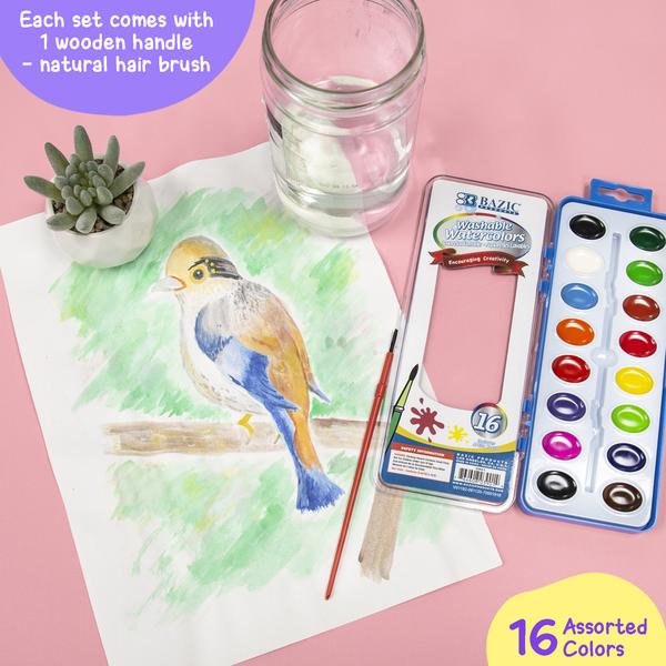Bazic Semi Moist Washable Watercolors With Brush , 16 ct
