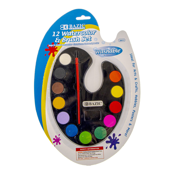 Bazic Washable Watercolors With Brush Set, 12 ct