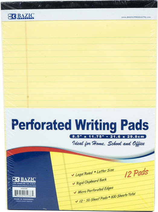 Bazic Perforated Writing Pads, 21.6 x 29.8 cm, Yellow, 12 x 50 sheets