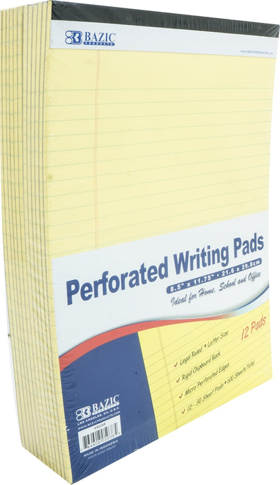 Bazic Perforated Writing Pads, 21.6 x 29.8 cm, Yellow, 12 x 50 sheets