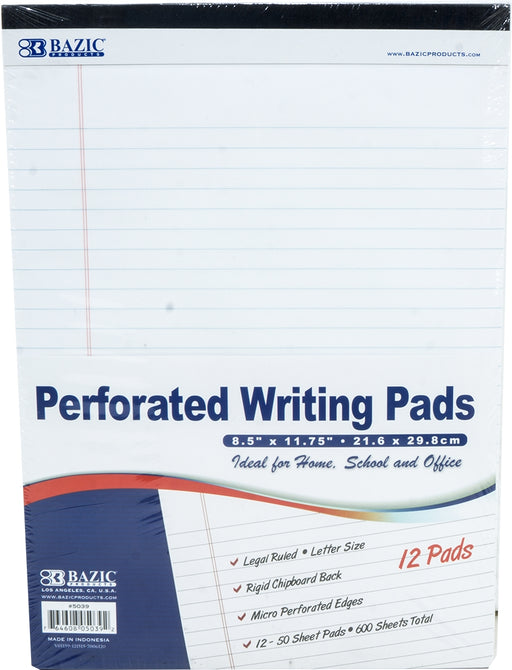 Bazic Perforated Writing Pads, 21.6 x 29.8 cm, White, 12 x 50 sheets