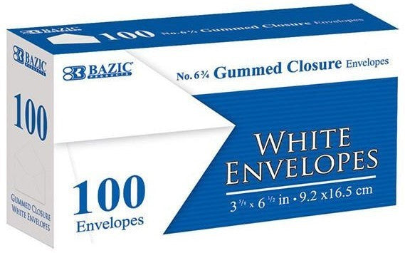 Bazic White Envelopes with Gummed Closure, No. 6, 100 ct