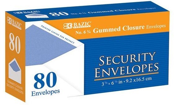 Bazic Security Envelopes with Gummed Closure, No. 6 3/4, 80 ct