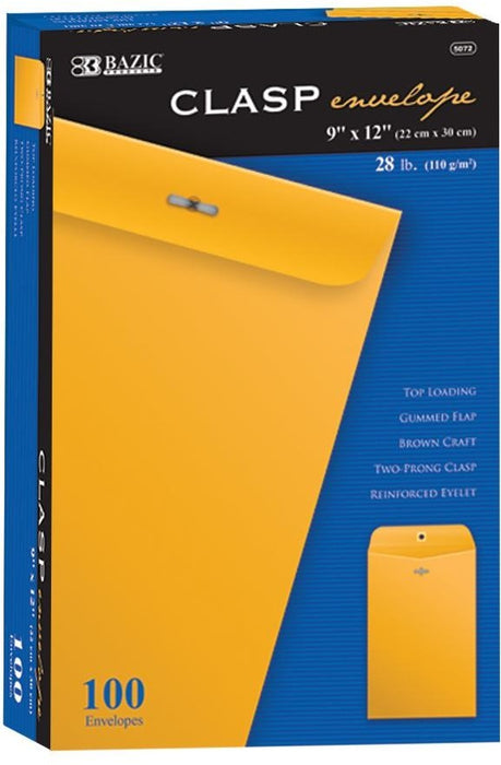 Bazic Clasp Envelopes, 9 x 12 Inch, 100 ct