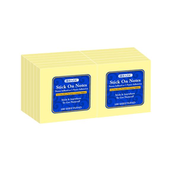 Bazic Yellow Stick On Notes Pack, 3" x 3" , 12 x 100 ct