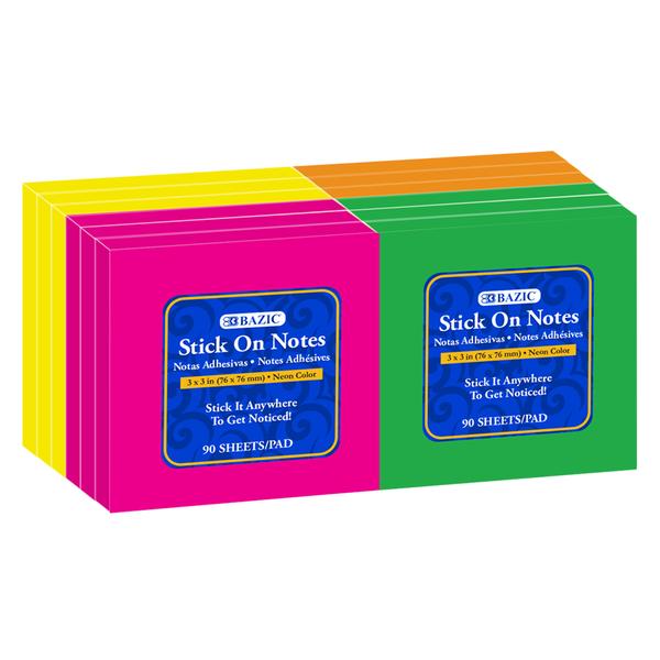 Bazic Neon Color Stick On Notes Pack, 3" x 3" , 12 x 90 ct