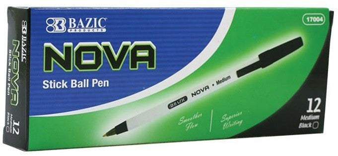 Bazic Nova Stick Ball Pen, Black, 12 ct