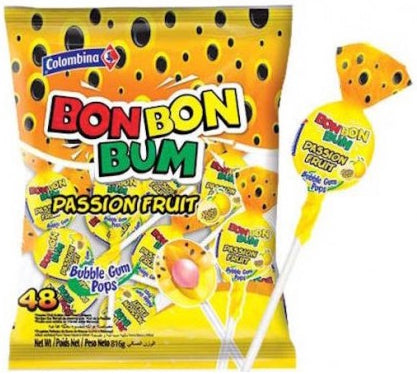 Colombina Bon Bon Bum Bubble Gum Pops, Passion Fruit, 48 ct