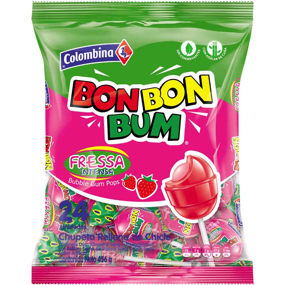 Colombina Bon Bon Bum Strawberry Lollipops, 24 ct