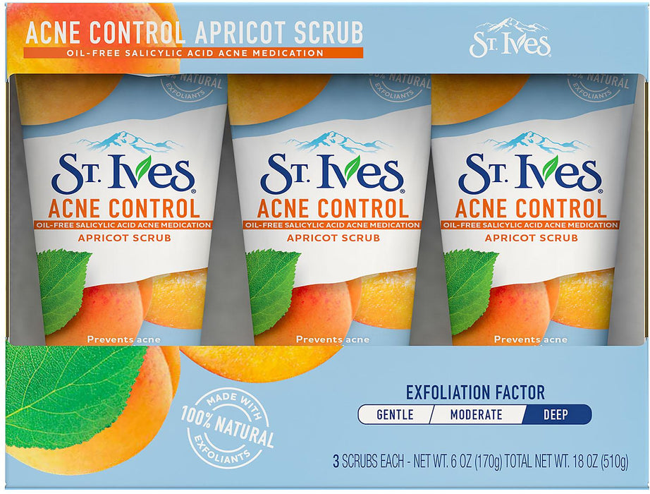 St. Ives Acne Control Apricot Scrub, Value Pack, 3 x 6 oz