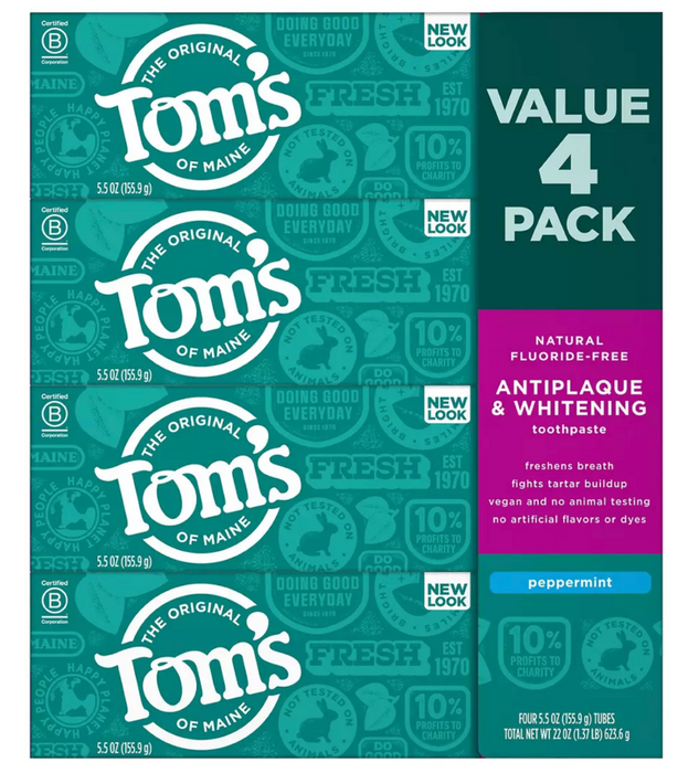 Tom's of Maine Antiplaque & Whitening Flouride-Free Peppermint Toothpaste , 4 x 5.5 oz