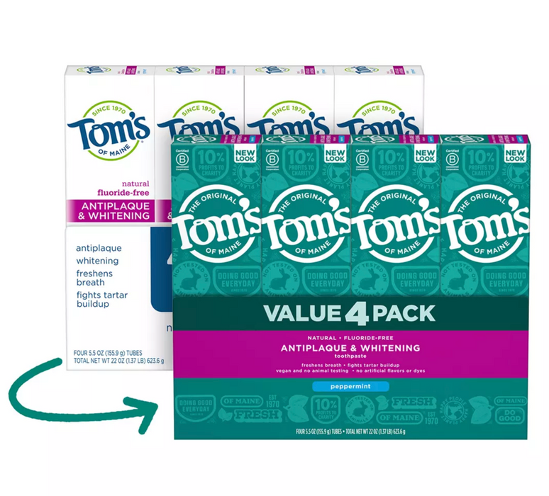 Tom's of Maine Antiplaque & Whitening Flouride-Free Peppermint Toothpaste , 4 x 5.5 oz