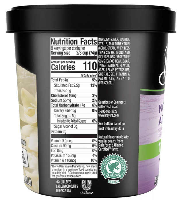 Breyers No Sugar Added Vanilla Ice Cream, 48 oz