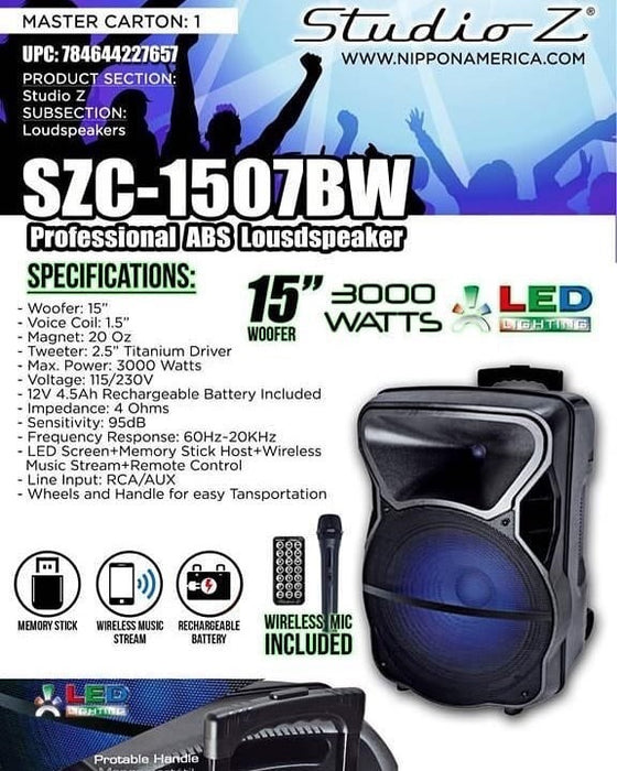 Studio Z Professional ABS  Loudspeaker, 3000W, Model: SZC1507BW