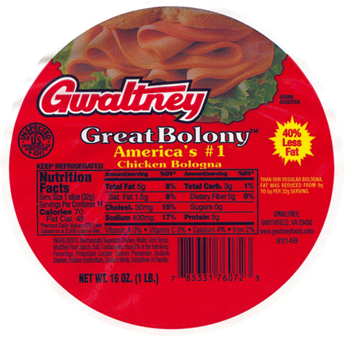 Gwaltney Great Bolony Chicken Bologna , 16 oz