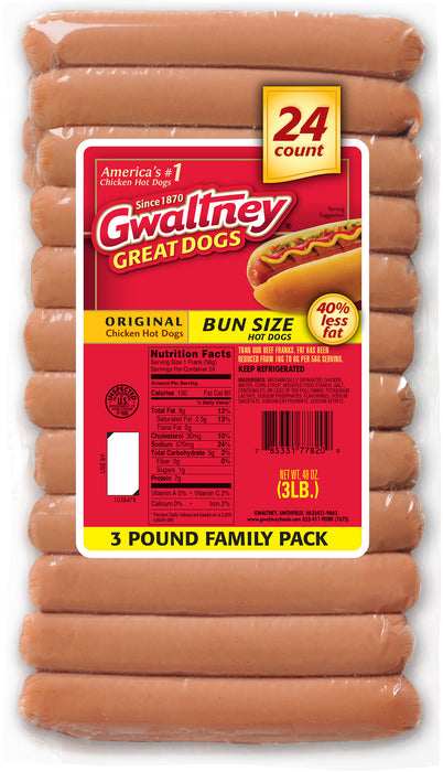 Gwaltney Original Bun Size Hot Dogs, Chicken, 3 lbs