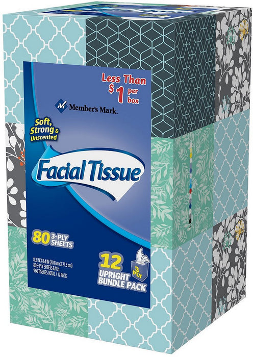 Member's Mark 3-Ply Facial Tissue Value Pack, 12 packs