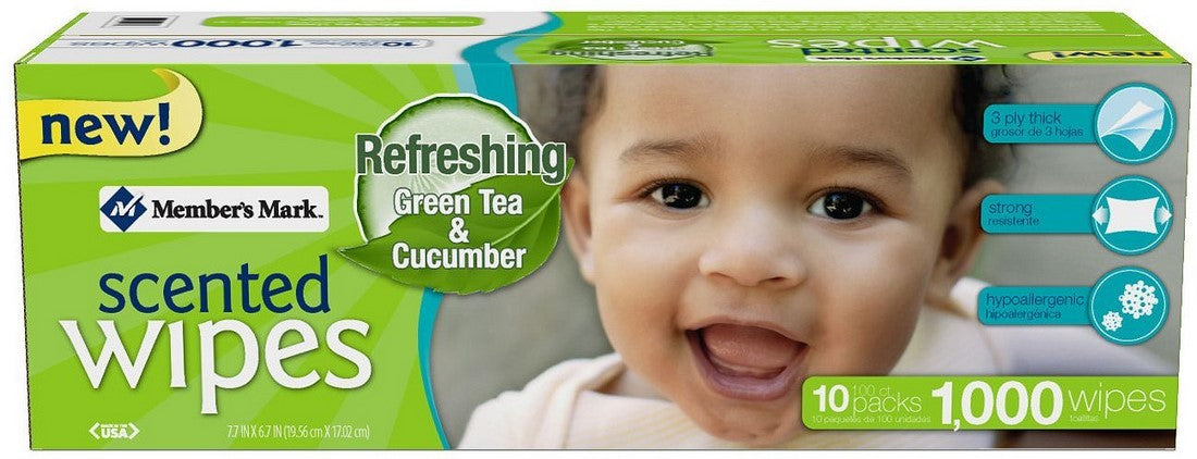 Member's Mark Scented Baby Wipes, Green Tea & Cucumber, 10 x 100 ct