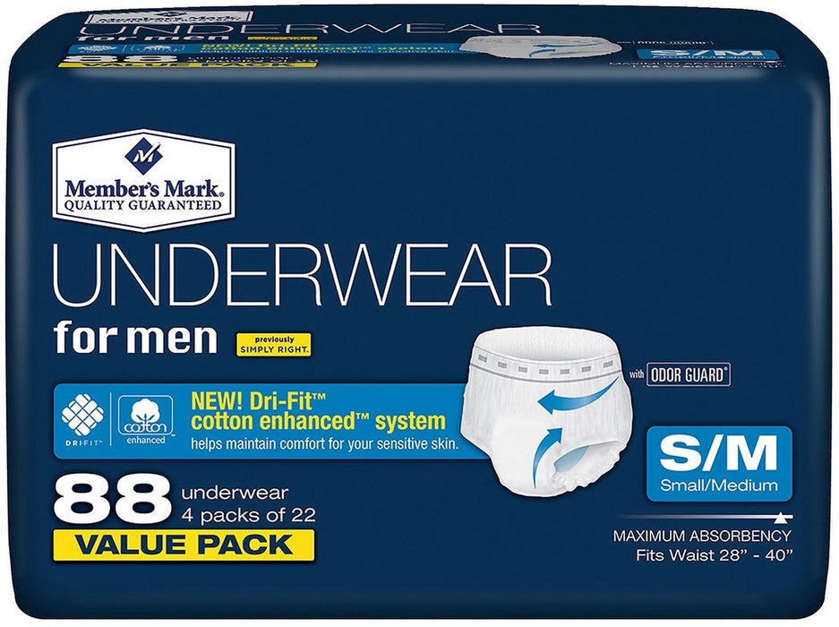 Member's Mark S/M Underwear for Men, Maximum Absorbency with Door Guard, Value Pack, 88 ct