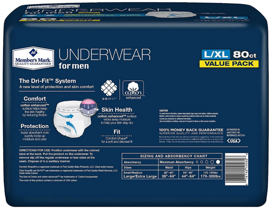 Member's Mark L/XL Underwear for Men, Maximum Absorbency with Door Guard, Value Pack, 80 ct