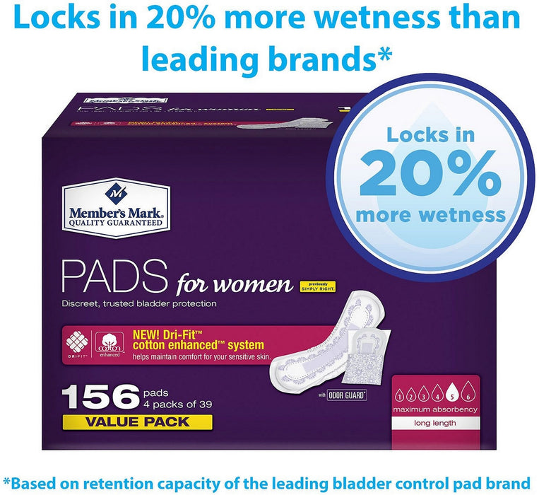 Member's Mark Long Length Pads for Women, Discreet Bladder Protection, Maximum Absorbency, Value Pack, 156 ct