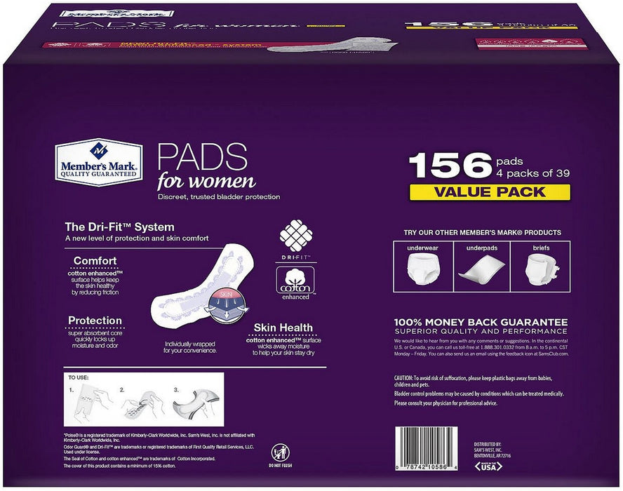 Member's Mark Long Length Pads for Women, Discreet Bladder Protection, Maximum Absorbency, Value Pack, 156 ct