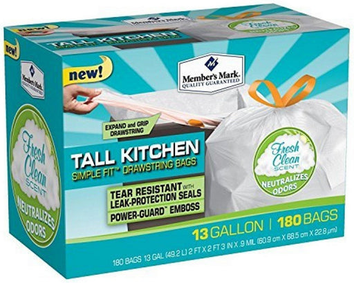 Member's Mark Tall Kitchen Drawstring Bags, 13 Gallons, 180 ct