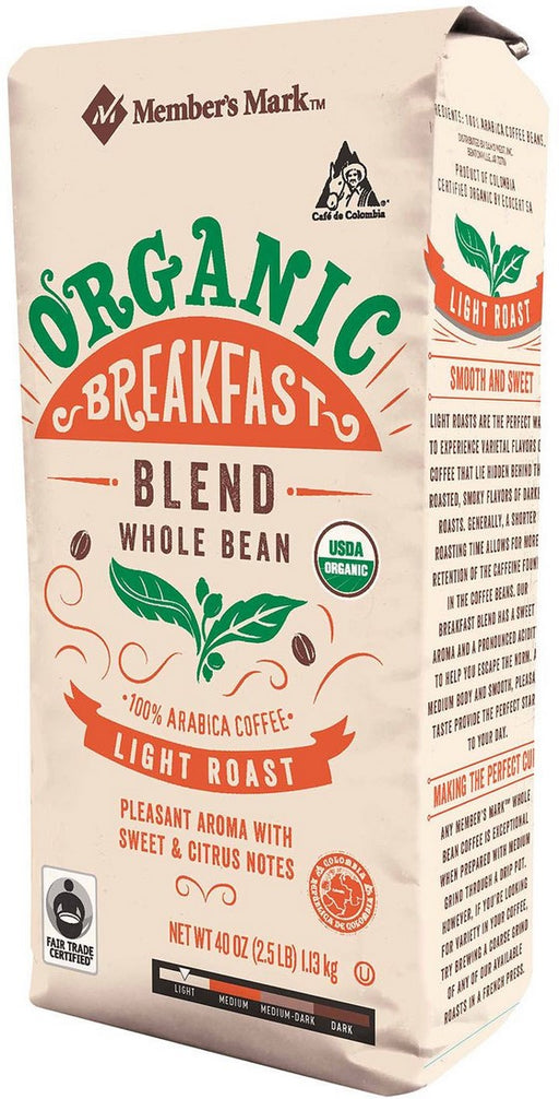 Member's Mark Organic Whole Bean Breakfast Coffee, 1.13 kg