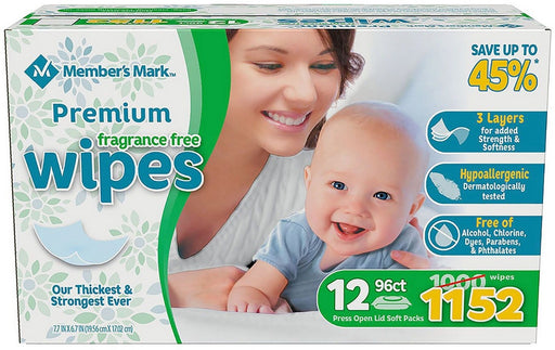 Member's Mark Premium Unscented Wipes, Value Pack, 12 x 96 ct