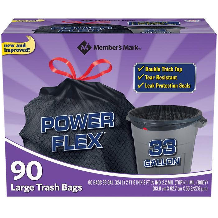 Member's Mark 33-Gallon Power-Guard Drawstring Trash Bags , 90 ct