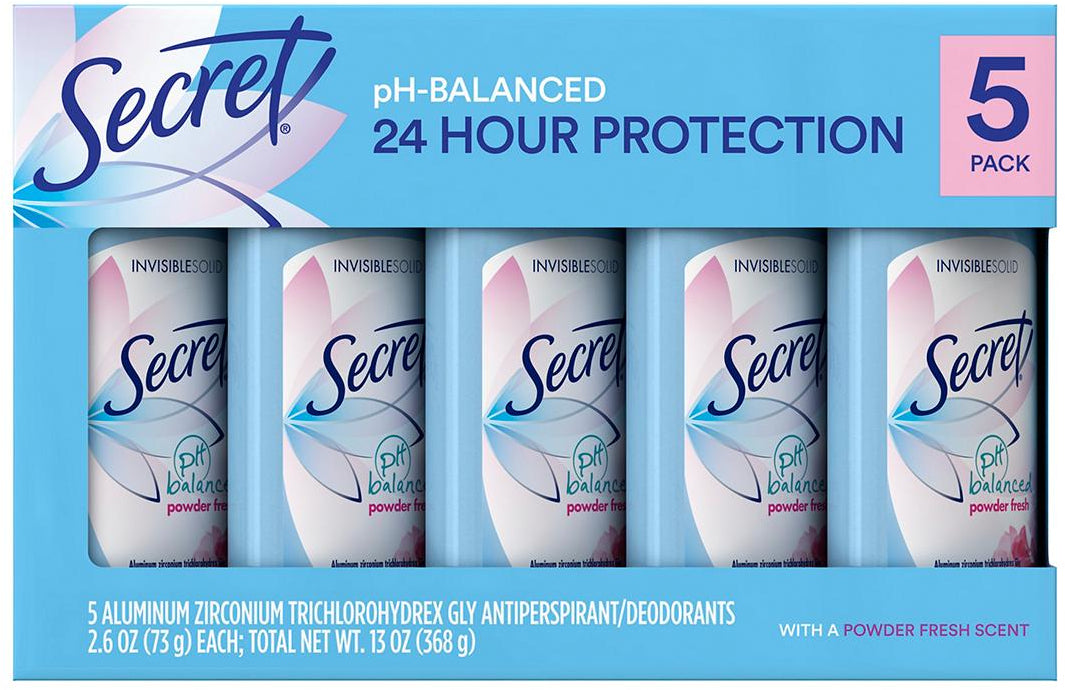 Secret Invisible Solid Powder Fresh Antiperspirant Deodorant, Value Pack, 5 x 2.6 oz