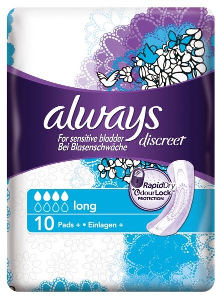 Always Discreet Long Pads, for Sensitive Bladder, RapidDry, 10 ct