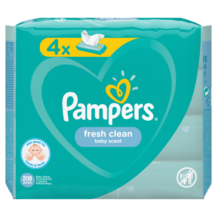 Pampers Fresh Clean Baby Scent Wipes, 4-Pack , 4 x 52 ct