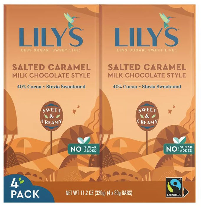 Lily's Sweets Salted Caramel With No Sugar Added Milk Chocolate Style Bar, 4-Pack , 4 x 80 gr