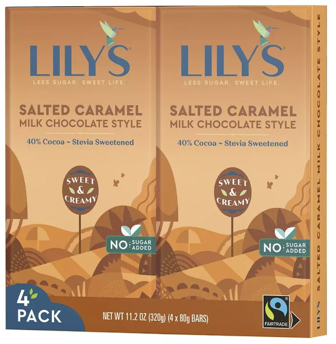 Lily's Sweets Salted Caramel With No Sugar Added Milk Chocolate Style Bar, 4-Pack , 4 x 80 gr