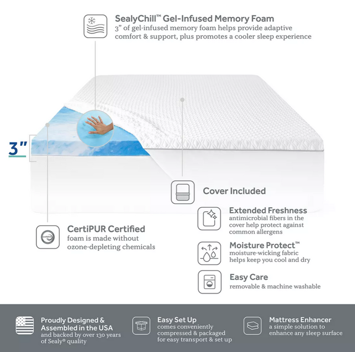 Sealy 3" SealyChill Gel Memory Foam Queen Size Mattress Topper With Cover , 1.5 in
