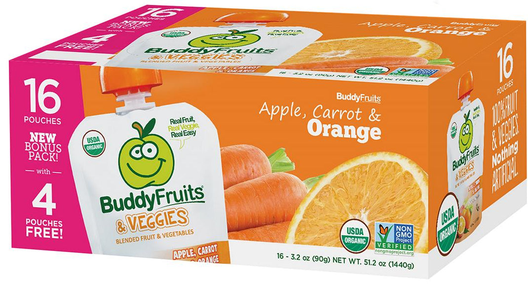 Buddy Fruits & Veggies Apple, Carrot and Orange Pouches, 16 x 3.2 oz